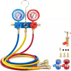 Rogvoc HVAC 매니폴드 게이지 세트 (R22/R410a/R134a 냉매용) R22 R410a 안전 밸브 포함 3방향 AC 냉매