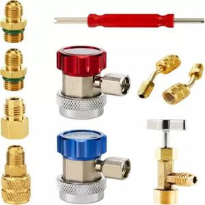 오리온 모터 테크 AC 어댑터 도구 키트 R134A 캔 탭 퀵 커플러 R410 탱크 및 밸브 코어 리무버를 포함한