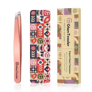 가죽 케이스가 있는 전문가용 슬랜트 팁 핀셋 눈썹 얼굴 털 및 잔털 제거용 글램트위일러 샤프 정밀