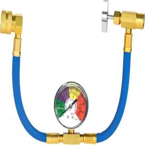 Ohleats R134A 냉매 충전 호스 키트 게이지 포함 15.4인치 R134a AC 자동 A/C 디스펜싱 밸브 나일론 자동차