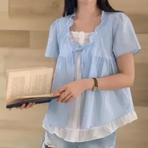 [신상오픈런]여성 레이스 프릴 리본 장식 이중 레이어 블라우스 (33265432)