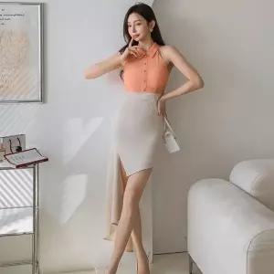 [신상오픈런]턱시도 홀터셔츠 옆트임 하이웨이스트 민소매원피스 (30667798)