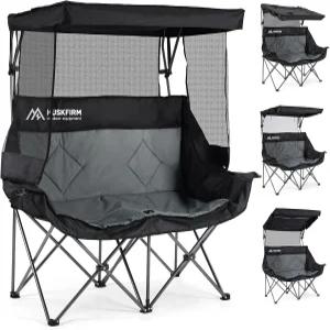 캐노피 그늘이 있는 허스크펌 더블 캠핑 의자 접이식 비치 조절 가능한 헤비 듀티 러브시트 컵 홀더 2개와