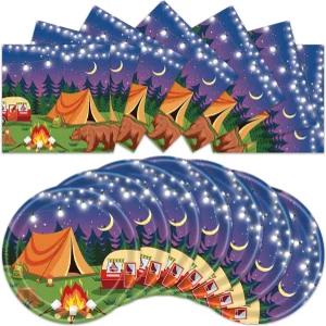 ACIYHN 40개 캠핑 어드벤처 파티 용품 캠핑용 종이 접시 냅킨 캠프파이어 숲 하이킹 캠핑카 생일 일회용