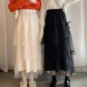 여성 옆리본 망사 밴딩 롱스커트 1P 3단 레이스 치마 rTg6+3ywZ