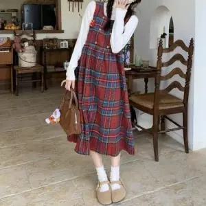 여자겨울옷 겨울 모직 여성 체크 패턴 민소매 원피스 레드