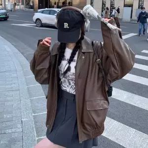 연애인항공점퍼 오버핏 가죽 레더 아우터 데이트룩 하객룩