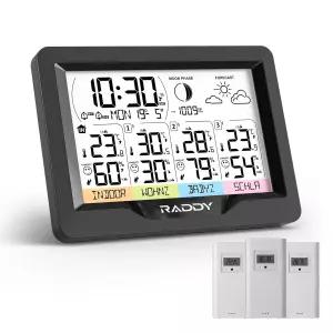 래디 WF-60M 무선 기상 관측소(실내 실외 온도계 원자 시계 듀얼 알람 3개의 센서 DIY 라벨 예보 가정 정원