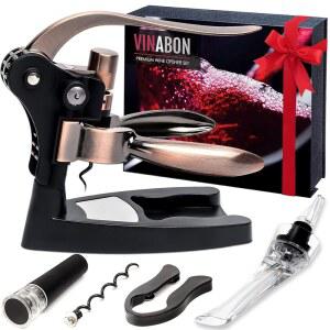 비나본 와인 오프너 세트 - 에어레이터, 호일 커터, 스토퍼, 스탠드가 포함된 2026 올인원 병 가이드 전자책이 수동 레버 코크스크류