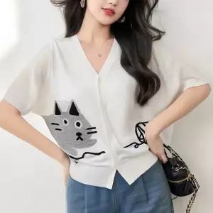 G126878 고양이 V넥 반팔 니트 가디건기다건 팔카디건 팔건 기다건 브이팔