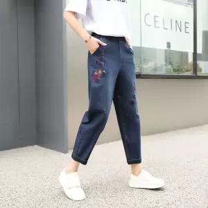 레트로 여자 청바지 여름 자수 배기 데님 팬츠밴딩 여성 아이스 베기 하이웨스트