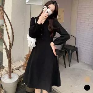 여자 브이넥 코듀로이 허리끈 긴팔 원피스 URK-517카라 레이시 니트 롱원피스 결혼식 트위드 하객