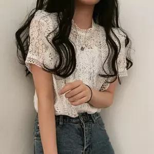 여성 레이스블라우스 시스루 반팔 레이어드 티셔츠 패션