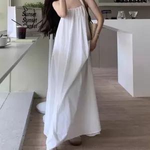 여성 어깨 끈조절 홀터넥 뒷트임 A라인 민소매 원피스 캐주얼 루즈핏 롱원피스 반팔 휴양지룩 휴가 나시 여