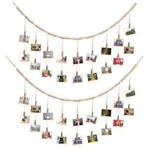 36개의 우드 클립이 있는 캐스플라이 2개 걸이 사진 디스플레이 DIY 보호 콜라주 액자 나무 구슬 화환 홀더 3.61피트의 소박한 벽 장식 기숙사 침실 보육원용