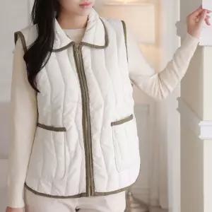 여성 배색라인 경량 패딩조끼 따뜻한 실내 사무실 조끼 방한 겨울 퀼팅 컬러 카라 둥근 데일리 레이어드 베