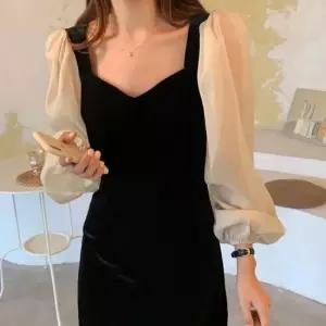 시크한원피스 블랙 긴팔 배색 롱원피스 봄 가을 하객 정장 여성 데일리 드레스