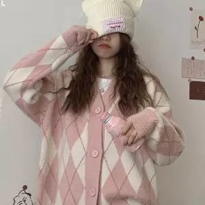 2컬러 여성 브이넥 가디건 LK-G008니트 루즈핏 데일리 아가일패턴 배색