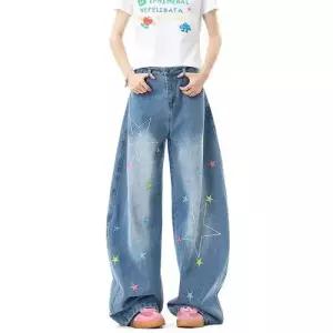 팬츠 데님 빈티지 여자배기청바지 컬러 별 자수 커브 하이웨스트 레그핏 ible1