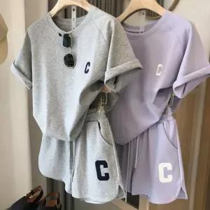 C로고 루즈핏 트레이닝 반팔세트츄리닝 여자 운동복 바지 셋업 상하 여름