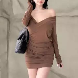 [신상오픈런]여성 오프숄더 미니 원피스 슬림핏 긴팔 파티 드레스 (41360477)