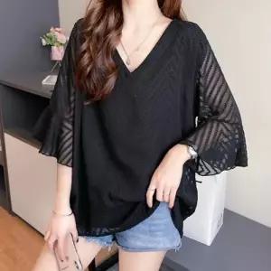 ( )여성 여름 루즈핏 브이넥 반팔 셔링 블라우스 블랙