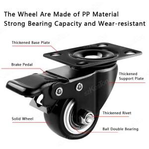 헤비 듀티 블랙 회전 캐스터 바퀴, 가구 PP 소재 플랫 브레이크 골드 드릴 1.5 인치, 2 개