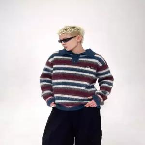 원더우면 남자 니트 가을 싱글 숏 카디건 톱 앙고라 긴팔 브이넥 스트라이프 OPH3