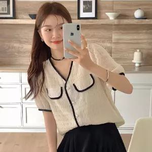 여성 캐주얼 루즈핏 브이넥 반팔 가디건얇은 여름 배색 데일리 카디건