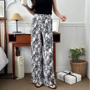 여성 프린트 뱀부 프리츠 데일리 프릴 와이드팬츠시원한바지 휴가 주름 통바지 여름 여자 플리츠 플리츠롱