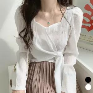 스트랩 퍼프 블라우스 LM-0196한쪽스 디자인 특이한 예쁜 캐주얼 하객 러블리 묶음 긴팔 흰색 블랙