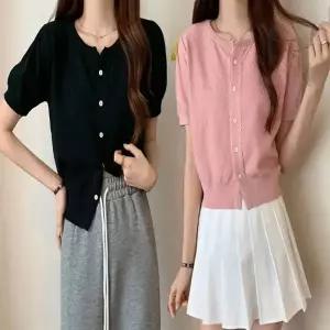 라운드넥 여름 여자 단추 크롭 숏 세미 반팔 가디건