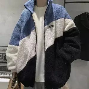 오버핏 뽀글이 양털 배색 후리스 집업 점퍼 블루 뽀이 오버 투톤 루즈 자켓