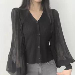 블라우스 골지 가디건 브이넥 퍼프 플리 츠 여성 2컬러