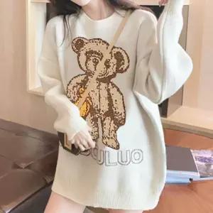 빅 곰돌이 프린팅 포근한 느낌 여성 겨울 니트 티셔츠사이즈 여름긴팔 루즈핏 긴팔 여자가을 스트릿 오버