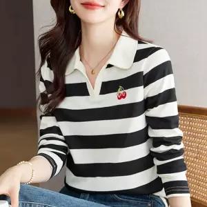 여성 캐주얼한 꾸안꾸 스트라이프 체리자수 카라티루즈핏 데일리룩 캠퍼스룩 룩카 긴팔셔츠 셔츠 카라 스트