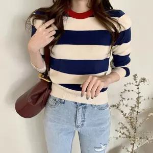 배색 스트라이프 여성 데일리 봄니트 티셔츠 예쁜 가을 니트 골지 라운드넥 단가라