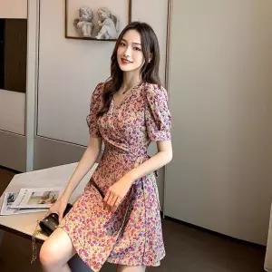 쉬폰 플라워 반팔 원피스 봄 잔 여자 꽃무늬짧은 바캉스 허리끈 바캉스룩 여행 투웨이 랩스타일 여름 가운