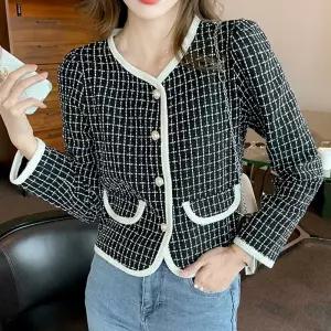 배색 라인 숏 트위드 자켓 하객룩 오피스 봄 가을 체크 진주 크롭 하객 데이트 여성아우터 데일리 페미닌