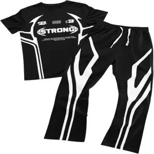 VIPWOLF 남성용 2피스 의상 반팔 레터 그래픽 티와 드로스트링 플레어 스웨트 팬츠 운동복 세트