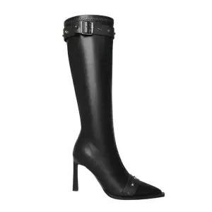 검정 여자 힐 MN 롱부츠 슬림 프렌치 부츠 스터드 미들굽 스틸레토 하이힐 OOTD5