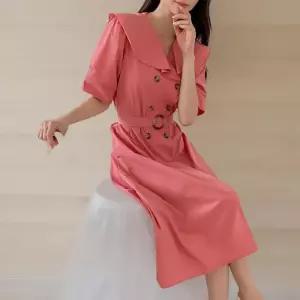 [신상오픈런]여성용 빅카라 반팔 롱원피스 더블버튼 벨트 디자인 (33265359)