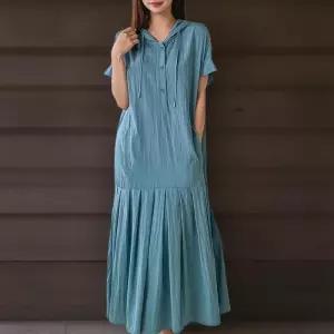 [신상오픈런]여성 후드 스트링 단추 셔링 반팔 롱드레스 (33265346)