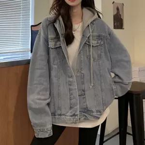 클래식자켓 후드 탈부착 청자켓 데님 모던캐주얼여성숏 크롭 간절기 간아우터 여자 봄가을아 얇은 오버펫