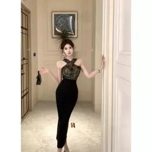 EAMT 원피스 스커트 여성 망사 여름 레이스 홀터넥 비즈 펜슬 슬림 YJ1