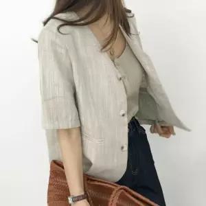 재킷 린넨반팔자켓 반팔크롭자켓 크롭재킷 브이넥 노카라