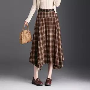 앤트맨 스커트 여자 가을 캐주얼 언밸런스 체크 A라인 중기장 슬림핏 OPH3