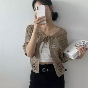 [신상오픈런]여성 여름 바캉스 오픈 가디건 리본 반팔 니트 (39139227)