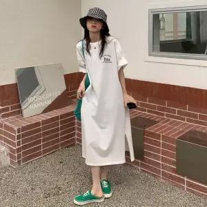 [신상오픈런]여성 스트리트 패션 레터링 컷아웃 루즈핏 반팔 롱 드레스 (38292905)