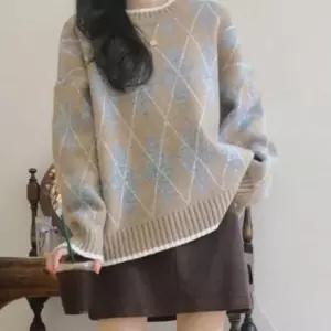 여자 가을 겨울 체크 니트 라운드 넥 스웨터 티셔츠배색예쁜니트 탑니트 여성루즈핏 박스한니트 긴팔박시니